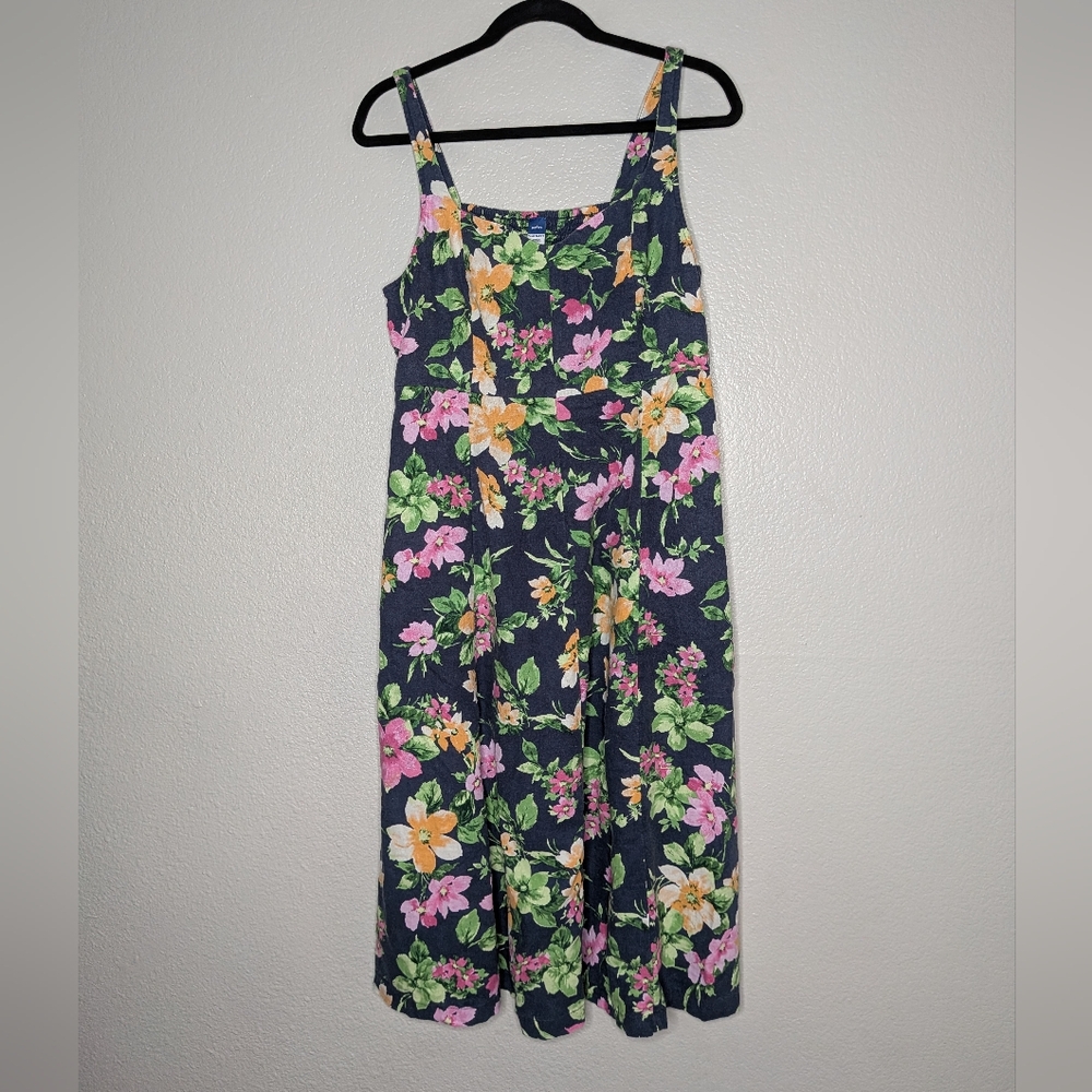 Old Navy Womens Blue Linen Blend Cottagecore Floral Midi Fit & Flare Dress LP